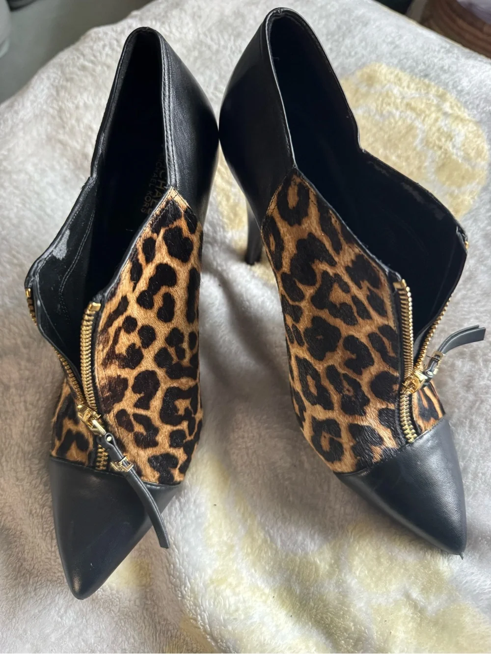Michael Kors Leopard and Black Pointed Toe Heel Booties